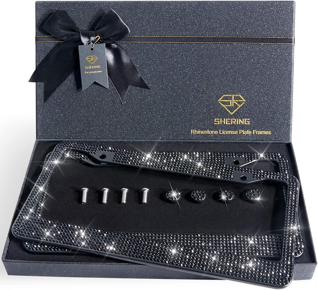 Shering Bling Pack of 2 License Plate Frame with Premium Gift Box 1200pcs Rhinestones for Women (Black Rhinestones)
