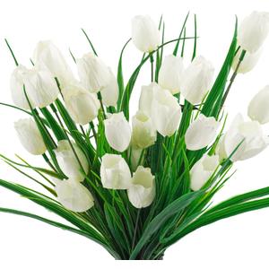 6 Bundles Tulips Artificial Flowers,30 Heads Outdoor Artificial Tulip Faux Plastic Greenery Shrubs Plants UV Resistant for Easter Home Outside Garden Porch Window Decor (White)