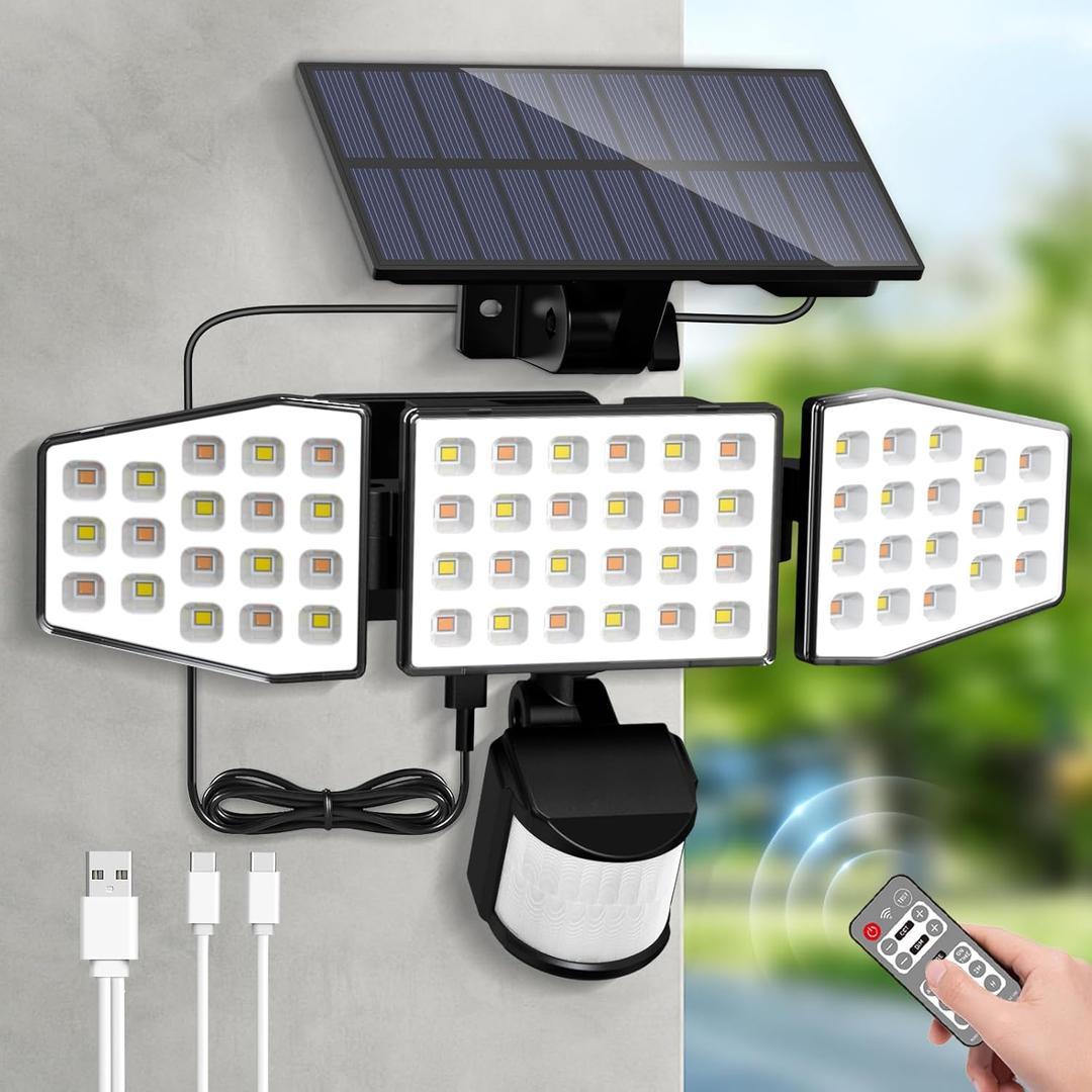 ALUSSO Solar Lights Outdoor with Motion Sensor, 3000-6500K CCT Dimmable 3 Heads Security Light with Remote Control, IP54 Waterproof 3 Modes Flood Lights for Garden Yard Garage