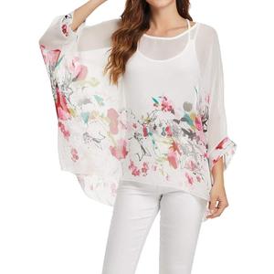 Women Chiffon Blouse Floral Batwing Sleeve Beach Cover Loose Tunic Shirt Tops (White Floral)