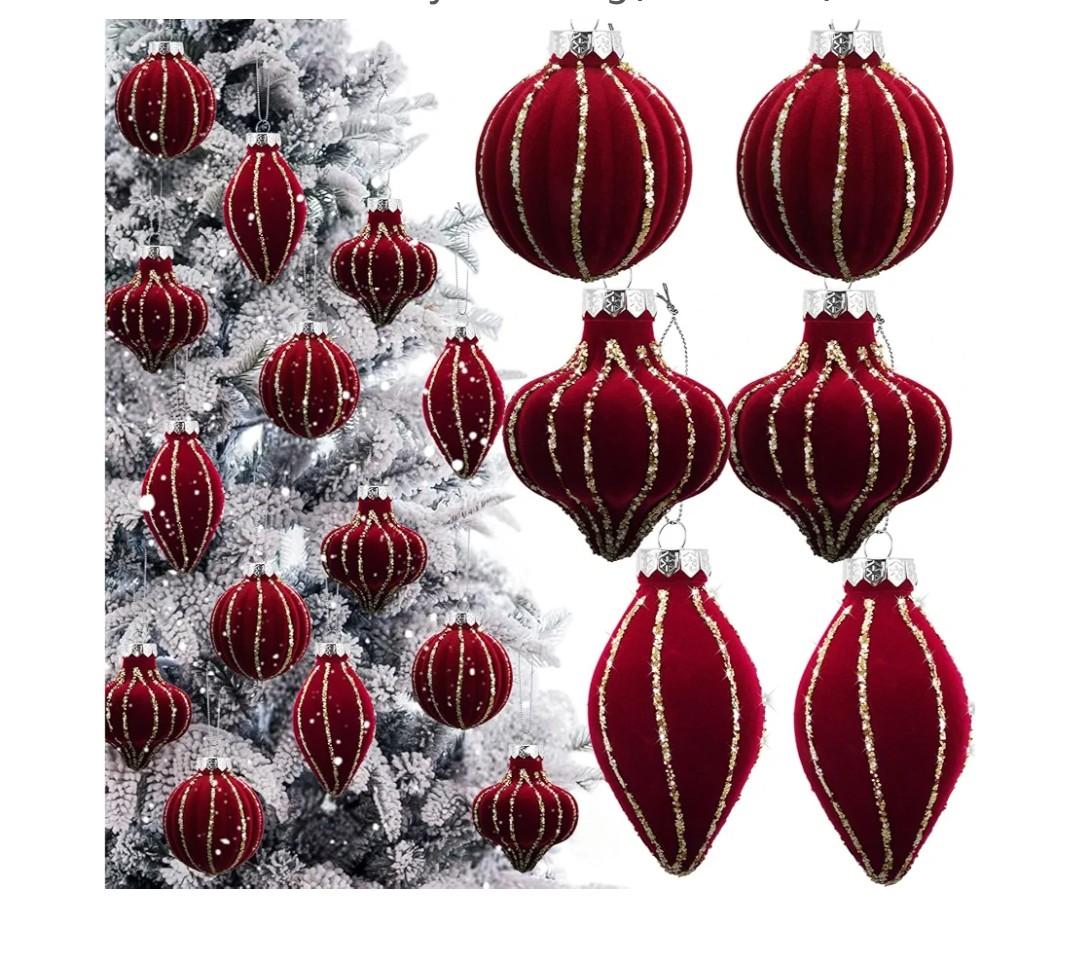 6 Pcs Velvet Glitter Christmas Tree Ornaments Set 3.15 Inch 3 Style Flocked Christmas Balls Ornaments Xmas Balls Decoration for Xmas Tree Decorative Party Wedding(Wine Red)