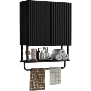 RUSTOWN Fluted Bathroom Wall Cabinet with 2 Doors, 3-Tier Modern Farmhouse Medicine Cabinet, Over The Toilet Storage Cabinet with Adjustable Shelf and Towel Bar (Black, Medium)