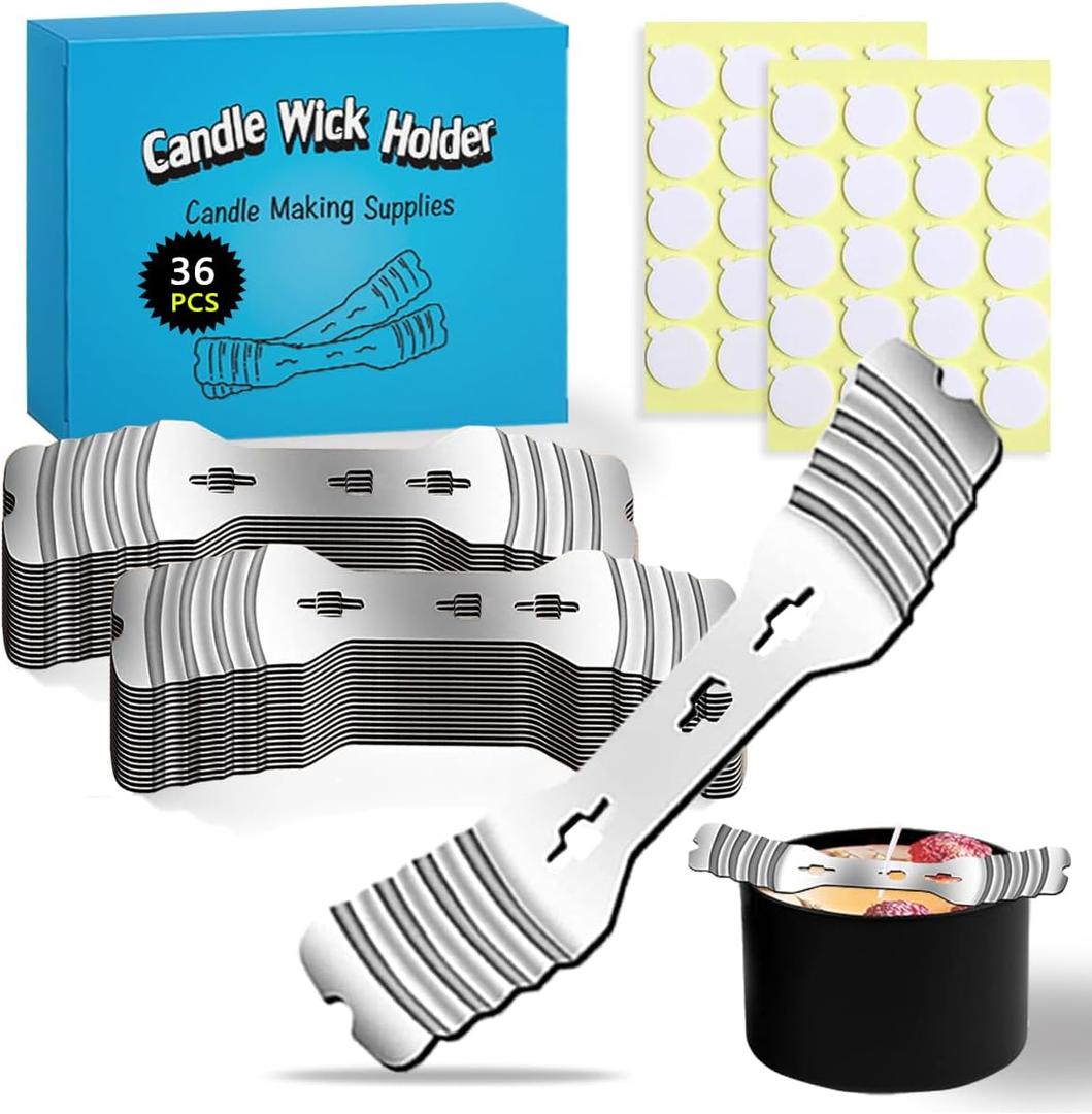 36pcs Metal Candle Wick Holders, 40pcs Candle Wick Stickers Upgraded Candle Wick Centering Devices, Silver Stainless Steel Candle Wick Holder for Candle Making
