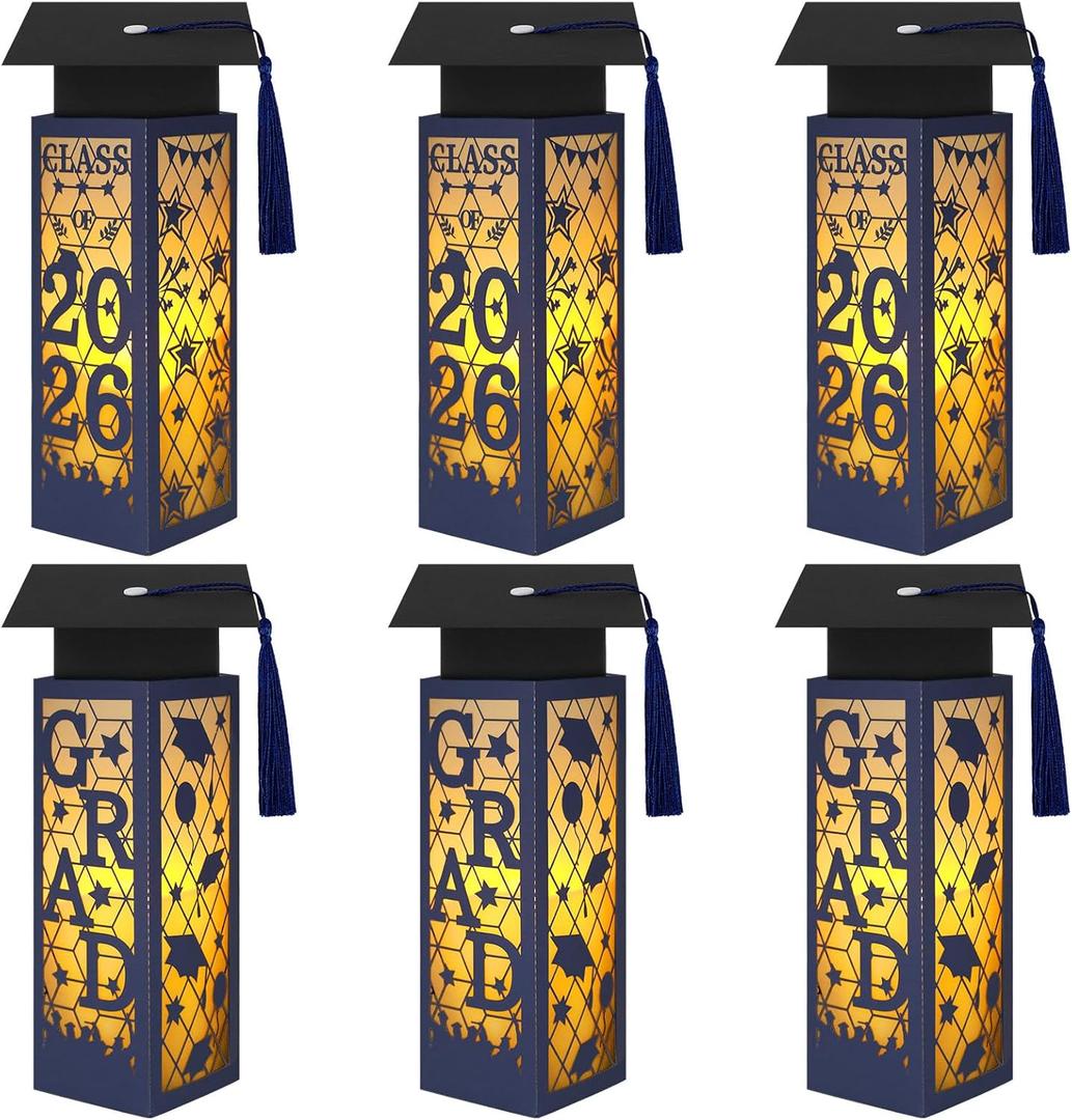 NOVWANG 6-Pack Class of 2026 Tables Centerpieces, Light Up Graduation Lantern Box Mini Grad Caps Blue Party Table Decorations for College Congrats Photo Prop Grad Party Favor, Blue