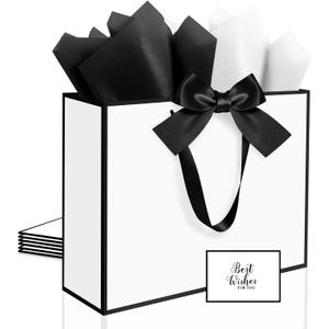 Ethhqu 3 Pack Elegant Large Gift Bags with Handles, 12.6x10x4 Inch - Set Includes Tissue Paper & Cards for Birthday, Baby Shower, Wedding, Anniversary, Mothers Day & Holiday Gifts (3Pcs White with Black Rim)