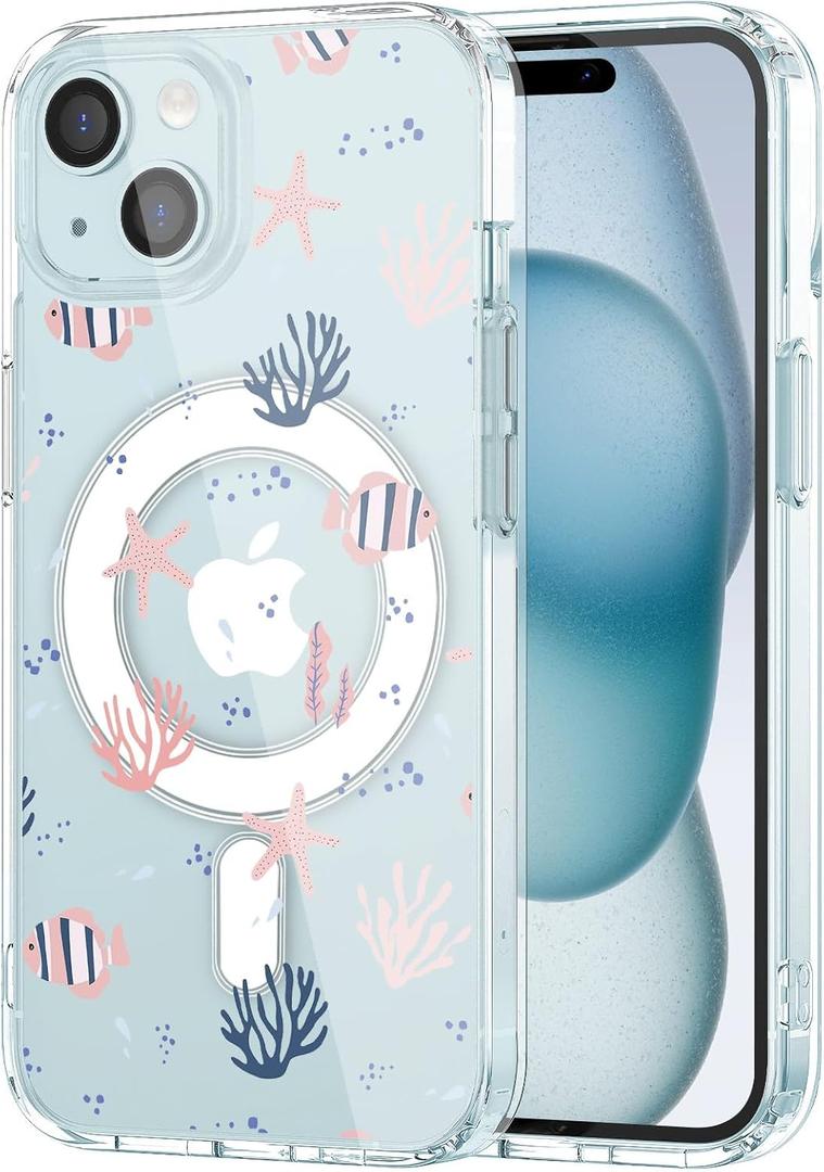 MAYCARI for iPhone 15 Case Compatible with Magnet, Original Ocean Starfish Coral Clear Magnetic Phone Cover for Girls Women Summer Soft TPU Hard Back Shockproof Protective Phone Case for 15 6.1"