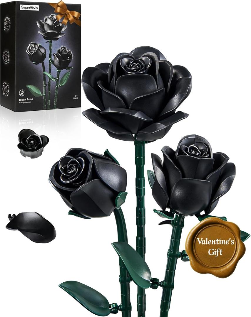 iATOM Black Roses Flower Building Set - 3Pack, Gift for Mother Day Her/Mom/Girlfriend/Wife/Couple, Gothic Emo Vintage Retro Artificial Flowers Botanical Collection Basket Stuffers Home Decor Aesthetic