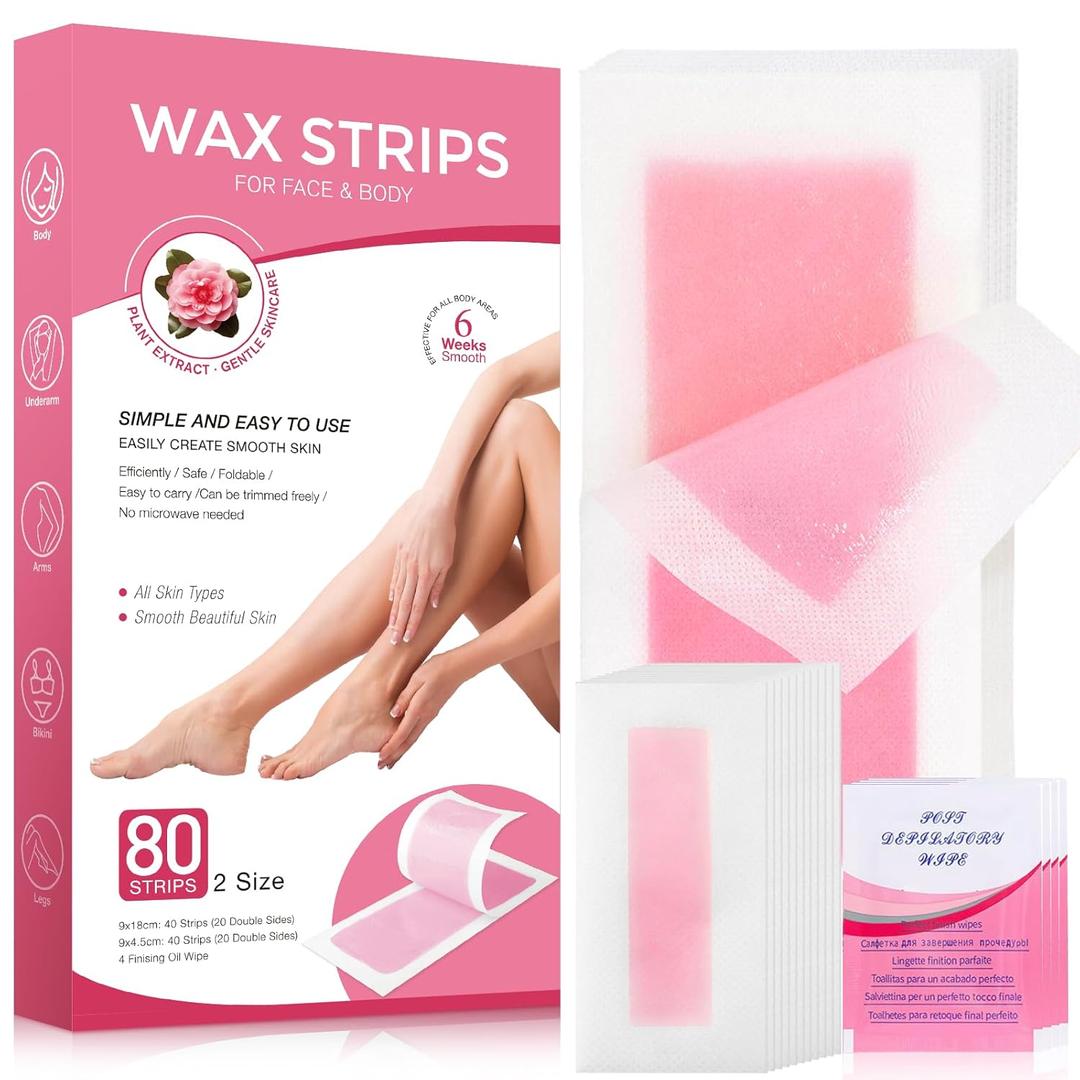 Wax Strips for Hair Removal, Wax Strips, Waxing Kit For Women Face, Body, Arms, Legs, Chest, Back, Bikini Wax Strips, Waxing HairRemoveal Kit with 80PCS + 4 Calming Oil Wipes (1 Count (Pack of 80))