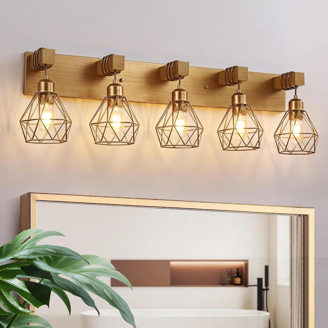 maesta Bathroom Gold Vanity Light Fixtures, 5-Light Gold Bathroom Light Fixtures Over Mirror, Sconces Wall Lighting with Elegant Metal Lampshade for Living Room, Bedroom, Hallway
