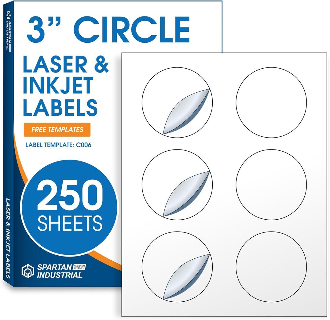 3" Printable Round Labels for Laser and Inkjet Printers - 1500 Blank Labels, 250 Sheets for Business Logos, Thank You Stickers, Price Tags, QR Codes - Spartan Industrial Template C006