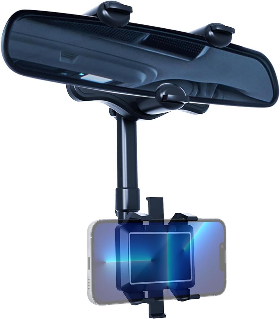 2024 New Upgraded Multifunctional Rear View Mirror Phone Holder - 360 Rotatable And Retractable, Universal Mount, Fit For All Phones and Cars, Blue (black)