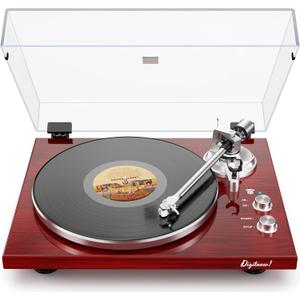 Belt Drive Turntable for Vinyl Record Player,Work with Bluetooth Speakers or Active Speakers,Built-in Phono Preamp,USB Digital Output,Magnetic Cartridge, 33/45 RPM,High-Gloss Wood Design(Red)