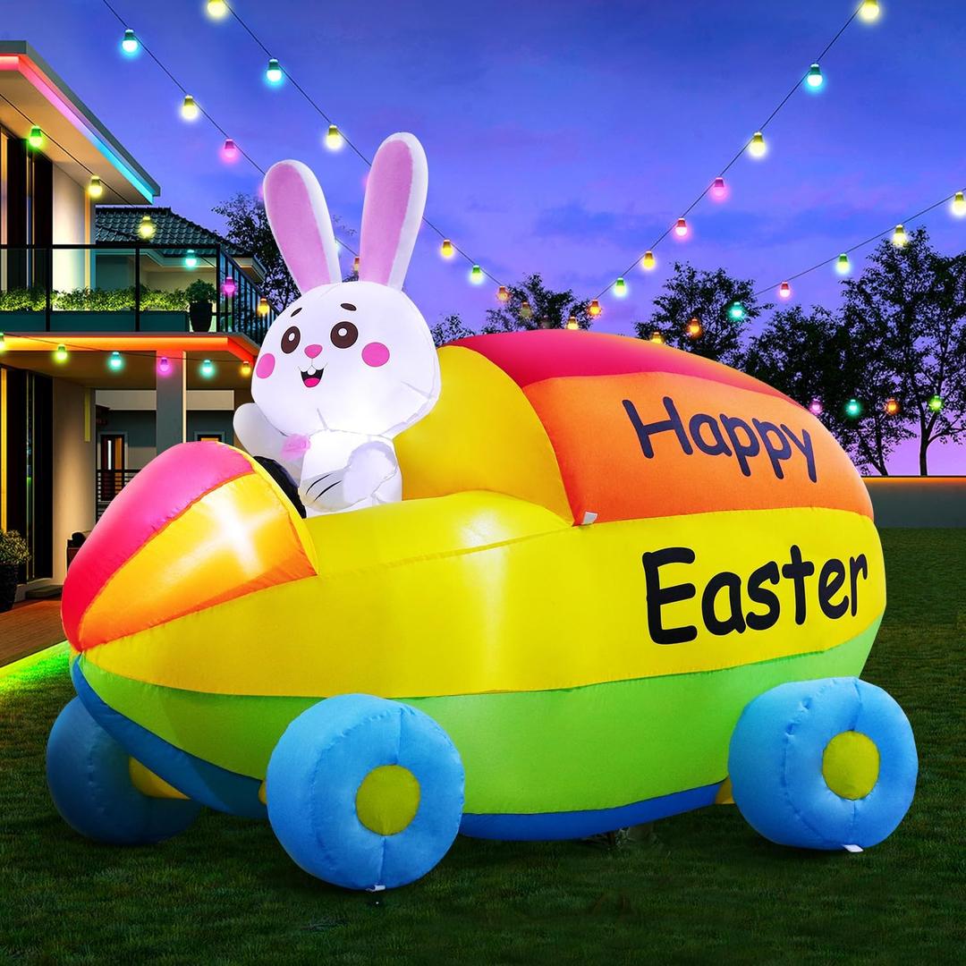 2025 New Huge Easter Inflatable Bunny Driving Car Outdoor Decorations, Build-in LED Lights Holiday Blow Up Yard Decoration, for Easter Holiday Party, Outdoor,Garden, Yard Lawn Dcor