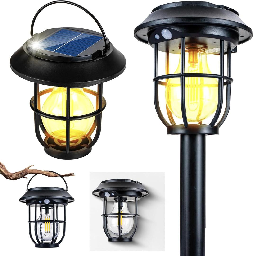 Solar Pathway Lights Outdoor Motion Sensor 2 Pack, 3 Lighting Mode, 3-in-1 In-ground/Wall Mount/Hanging, Auto On/Off Waterproof Warm Solar Lantern for Yard Lawn Patio Garden Landscape Walkway Driveway