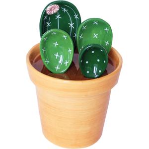 GICEY Cactus Measuring Spoons Set in Pot Ceramic Cute Small Cacti Measuring Spoons and Cups Green for Baking, Salt, Sugar Housewarming Gifts (Green）