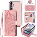 Asuwish Phone Case for Samsung Galaxy S24 Plus S24+ 5G Zipper Wallet Cell Cover with Tempered Glass Screen Protector Crossbody Strap Flower Flip Card Holder S24plus 24S + S 24 24+ Women Men Rose Gold