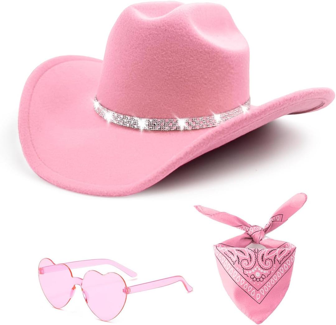 3Pcs Rhinestone Cowboy Hat for Women with Bandana, Heart Sunglasses set, Wide Brim Cowgirl Hat for Western Disco Party (Pink)