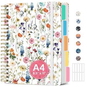 Large Spiral Lined Notebooks for Work with Removable Dividers & Tabs, 8.5"x11" Pretty Hardcover 5 Subject Notebook Journal for Women, College Ruled, Perfect for Study & Office Organization, 280 Pages,Wildflowers