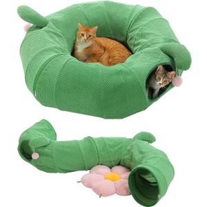 PAWZ Road Cat Tunnel, Cactus Cat Donut Tunnel Collapsible Cat Tunnel Tube, Dia-38 inches with Flower Soft Mat for Indoor Cats and Rabbits (Green)