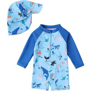WYTbaby Baby Boy Rash Guard Swimsuit Set with Sun Hat, Long Sleeve One Piece Zipper Sunsuit for Infant Toddler, 100