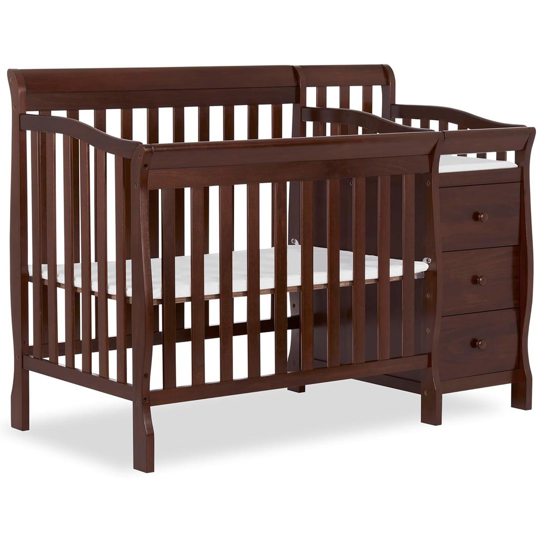 Dream On Me Jayden 4in1 Mini Convertible Baby Crib & Changer with Storage in Espresso, Pinewood, GreenGuard Gold & BSA, 1 Mattress Pad, 3 Mattress Heights, Converts to Mini Day & Twin-Size Bed