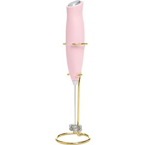Paris Hilton Electric Handheld Milk Frother with Double Coil Head Whisk and Gold Metal Stand, Battery Powered (2 AA Batteries Required but Not Included), Pink