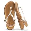 Coutgo Womens T Strap Flat Sandals Open Toe Flip Flops Adjustable Ankle Strap Summer Beach Thong Shoes,White，size 8