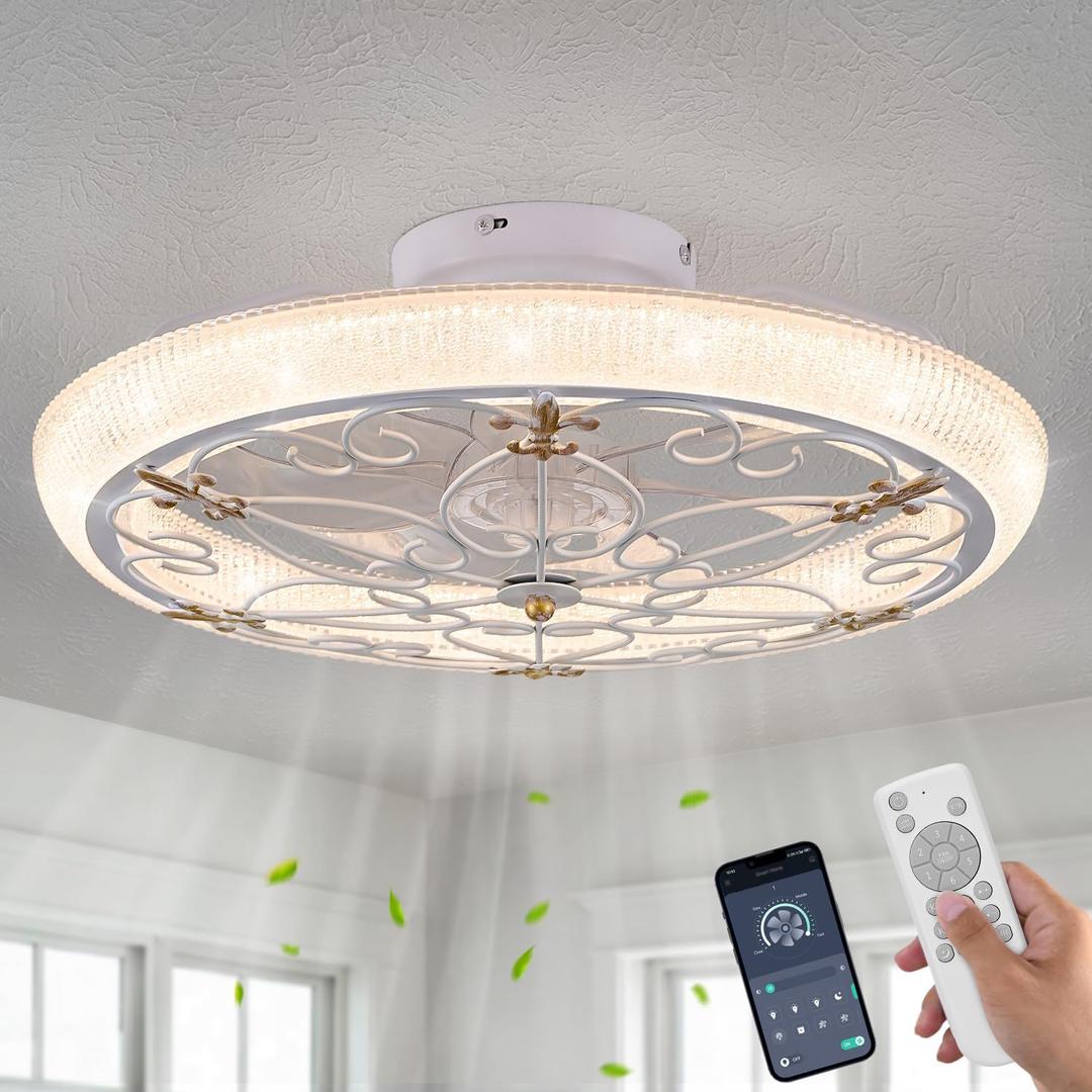 Rustic White Caged Ceiling Fan, Farmhouse Ceiling Fan with Lights Remote Control with Crystal, LED Low Profile Ceiling Light for Bedroom Kitchen Living Room