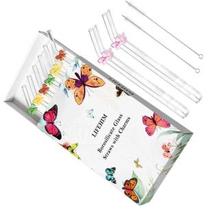 Cute Glass Straws with Charms - 9 Inch Long Bent 8mm Reusable Straws for 16 & 20 oz Tumblers, Decorated with Colored Bows - Eco Friendly for Cocktails, Coffee & Fun Drinks, 8 Pcs Set with 2 Brushes (Multicolor)