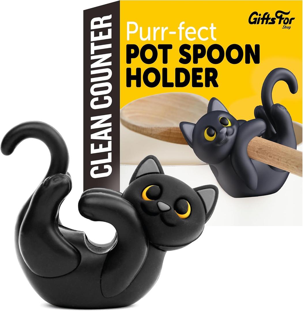 Black Cat Spoon Rest for Stove Top  Silicone Pot Clip Utensil Holder & Lid Lifter  Funny Kitchen Gadget, Unique Witchy Cat Gifts for Women & Halloween  3" x 2.5"