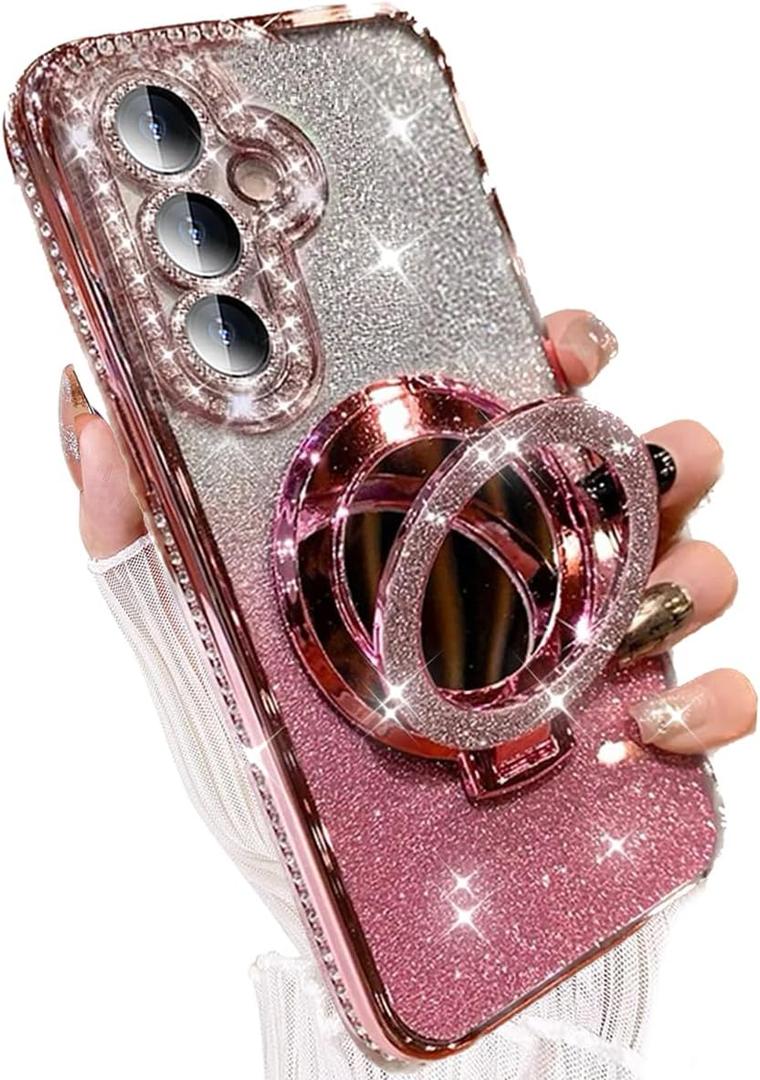 Magnetic for Samsung Galaxy S25 Plus Glitter Kickstand Case, [Compatible with MagSafe] Makeup Mirror Cute Bling Rhinestone Girl Woman Cover Camera Lens Protector Ring Holder for S25+ (Pink)