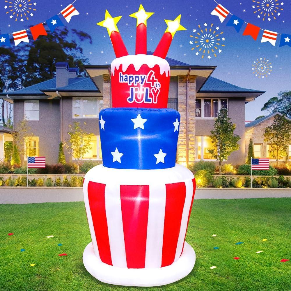 6FT Patriotic Independence Day 4th of July Inflatable Outdoor Decoration Inflatable Cake, Built in LED Lights Blow Up Fourth of July Decor for Holiday Party Garden Yard Lawn