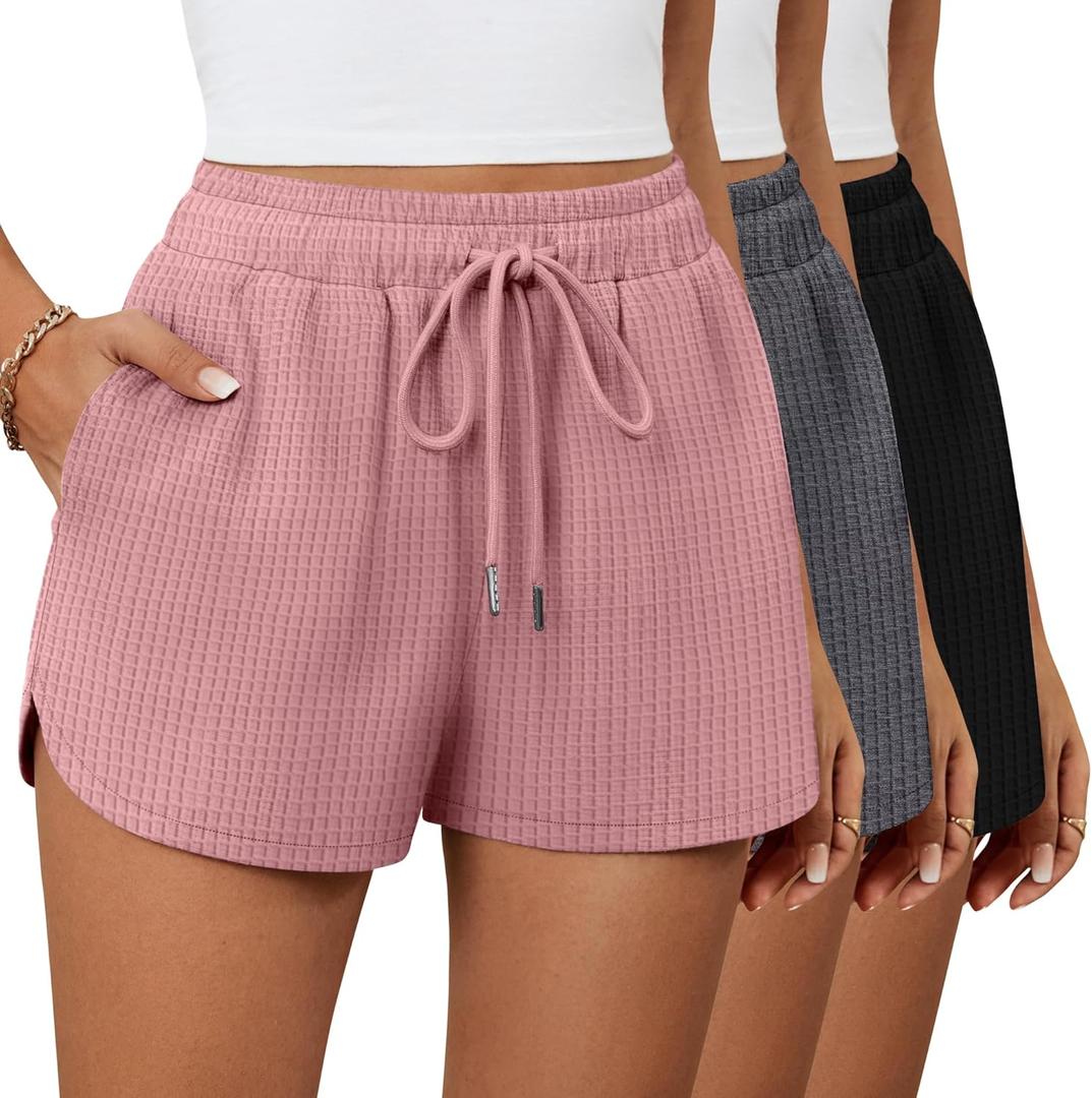 Riyiper 3 Pack Women's Waffle Knit Shorts Cotton Drawstring Lounge Summer Comfy Casual Shorts with Pockets (X-Large, Black, Dark Gray, Pink)