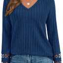 PRETTYGARDEN Women's Long Sleeve Shirts Ribbed Knit V Neck Tee Dressy Casual Blouses Going Out Tunic Tops 2026 Fall Outfits (Blue, M)