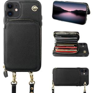 Bocasal Crossbody Wallet Case for iPhone 11, RFID Blocking Leather Purse Case with Card Holder, Protective Handbag Flip Cover with Zipper Wrist Strap Lanyard for Women 6.1 Inch (Black)