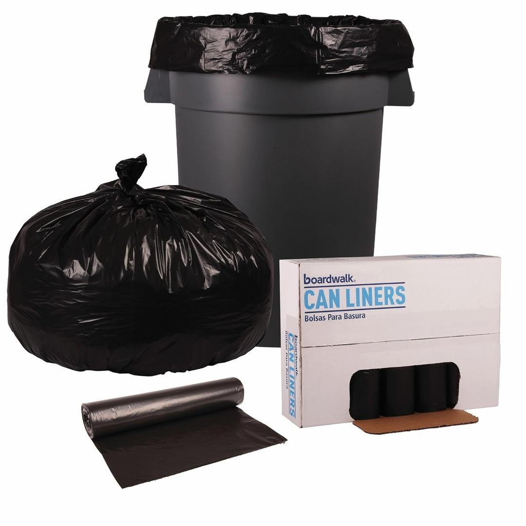 Boardwalk Recycled Low-Density Polyethylene Can Liners, 60 Gallon Garbage Bags, 1.8 mil, 38" x 58", Black, 10 Bags/Roll, 10 Rolls/Carton