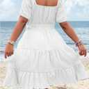 Floerns Women's Plus Size Tie Front Square Neck Puff Sleeve Ruffle Hem Midi Dress (Pink, XS)