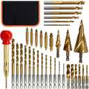35 PCS Drill Bits Set, 3 Step Drill Bits, 13 Twist Drill Bits, 6 Taps(M3-M10) and 6 Screw Extractors, High Speed Steel Drill Bit Kit Titanium Coated Bits for Plastic Wood Metal, with Storage Bag