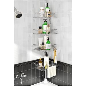 SEIRIONE Rustproof Shower Caddy Corner and Shower Organizer Corner for Bathroom,Corner Shower Caddy Tension Pole with 4 Adjustable Baskets for Shower Accessories, 34 to 116 Inch Height, Silver (Stainless)