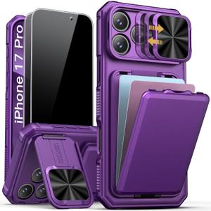 SSLOTSCASE for iPhone 17 Pro Case with 2X Privacy Screen Protector, Card Holder & Camera Stand & Kickstand & Slide Lens Cover, Silicone Edge Rugged Protective Case Cover for iPhone 17 Pro, Dark Purple