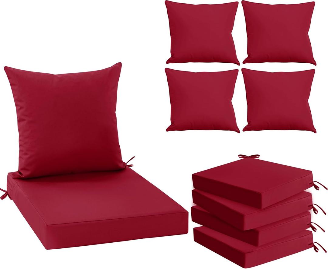 Waterproof Patio Cushions for Outdoor Furniture, Fade Resistant Back Pillow and Seat Cushion Set for Couch Replacements, 24 x 24 Inch, Red, Set of 4