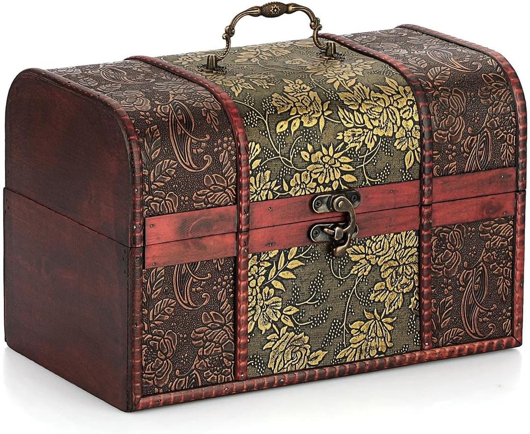 ELLDOO Vintage Treasure Chest Box, Pirate Keepsakes Box for Kids Gifts, Wooden Treasure Storage Box Decorative Box for Jewelry Pearl Trinkets, X-Large
