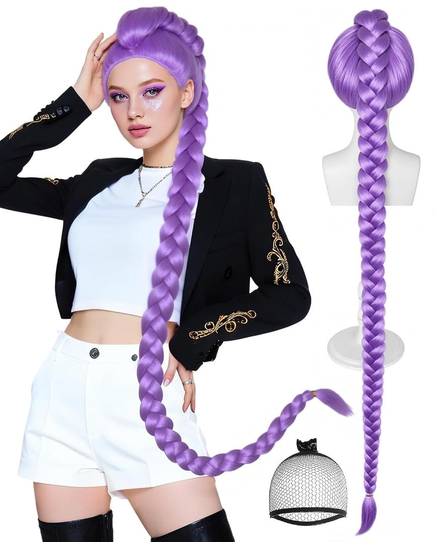 BESTBEL+Hair Cap Purple Braid Wig for Women Long Purple Wigs for Adult Long Braided Anime Wigs Stage Outfits for Women Halloween Party Cosplay