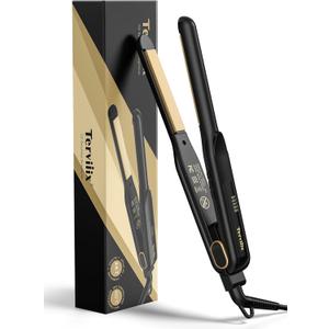 Terviiix 1/2 Inch Flat Iron for Short Hair, Small Hair Straightener and Curler 2-in-1 for Pixie Cuts & Touch-Ups, Rounded Edge Mini Flat Iron for Men and Women, Dual Voltage Travel-Friendly (Black Gold)