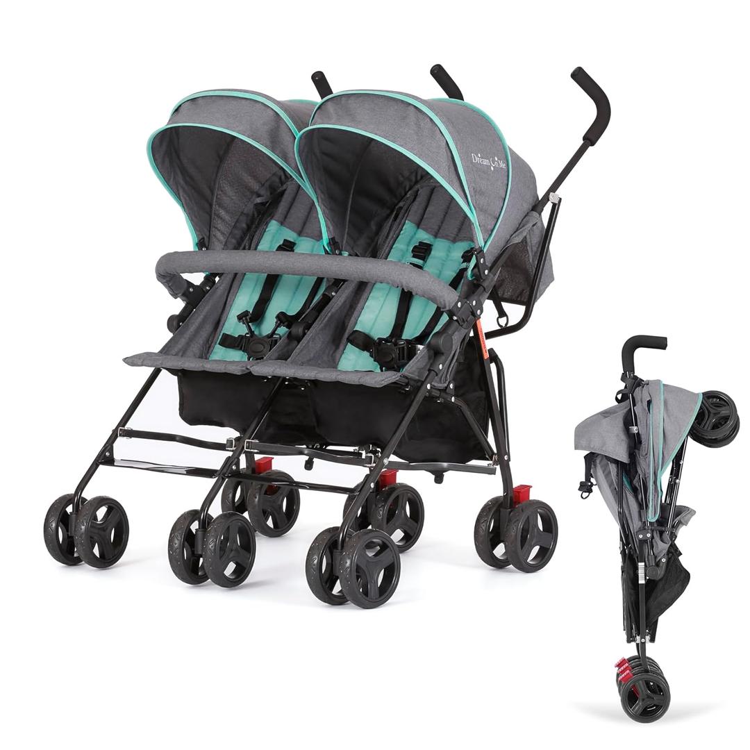 Dream On Me Volgo Twin Baby Stroller, Lightweight Side-by-Side Double Umbrella Stroller with Adjustable Canopy, 5-Point Harness, Storage Basket & Travel-Friendly Fold Mint
