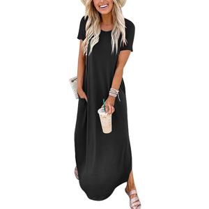 ANRABESS Women's Summer Casual Loose Short Sleeve Long T Shirt Dress Split Maxi Beach Sundress Travel Vacation Outfits (Medium, Black)