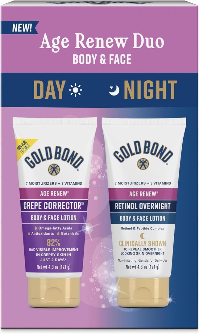 Gold Bond Day & Night Duo Lotion Set for Body & Face, Gold Bond Crepe Corrector Lotion, Visibly Firms Skin & Gold Bond Retinol Overnight Lotion, Visibly Smooths Skin, 8.6 oz.