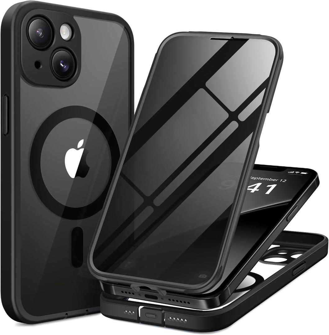 BERFY for iPhone 13 Case, Compatible with MagSafe, Built-in Privacy Screen Protector and Camera Protection, Anti-Spy Full Body Shockproof Phone Case for 13 6.1", Clear Black