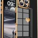 Tzomsze Compatible with iPhone 16 Pro Case,Camera Protection Cute Heart Pattern & Electroplate Reinforced Corners Shockproof Edge Bumper Case for Women Girls 6.3 Inch-Black