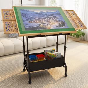 Large Puzzle Table with 2 Drawers for 300-1500 Piece Puzzles - Rolling Puzzle Table with Adjustable Height & Angle, Puzzle Board with Felt, Cover, Storage Drawer for Adults
